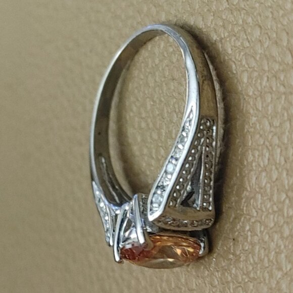 Citrine Ring 9mm Sterling Silver 925 Engagement Ring Simulated Diamond Accents - Picture 9 of 10